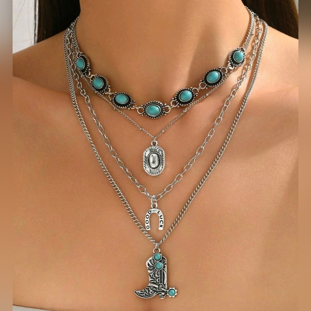Western Style Turquoise Necklace Set Cowgirl Style Cowboy Hat Southwestern